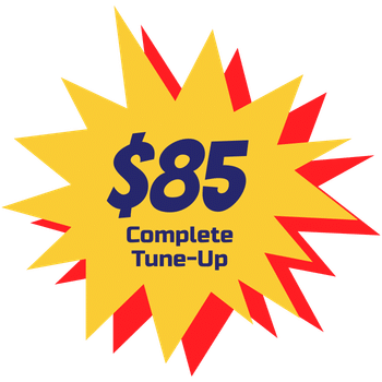 $85 Tune-Up Badge v3 yellow starburst badge with red background. Text overlay that says, "$85 complete tune-up"